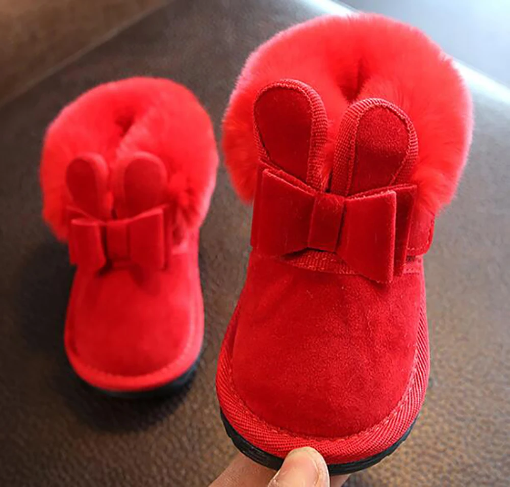

Girls Boots Bunny Bow Red Pink Ankle Shoes Warm Fur Animal New Snow Nina Zapatos Kids Toddler Winter Footwear SandQ Baby