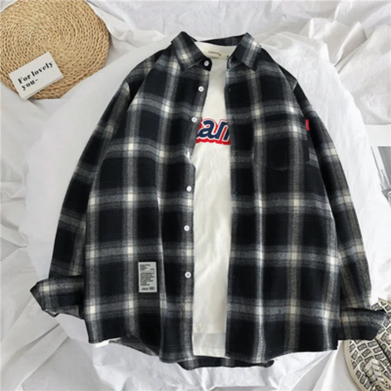 Japanese Ins Red Black Plaid Shirt Men's Loose Hong Kong Style Chic Students Harajuku Trend Shirt Jacket Thin Long Sleeves