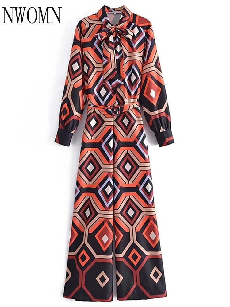 Женский Длинный комбинезон с принтом длинным рукавом и поясом |