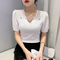 2022 summer new women tops letter chain v neck puff sleeve t shirt womens chic top women clothing ropa mujer
