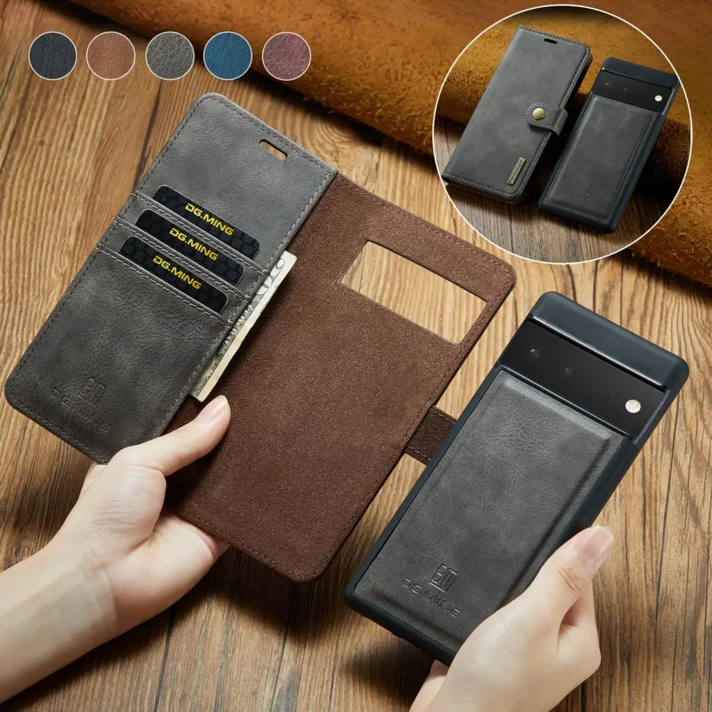 

For Google Pixel 6 / 6 Pro Detachable Magnetic PU Leather Wallet Card Slots Flip Case + Removable Cover