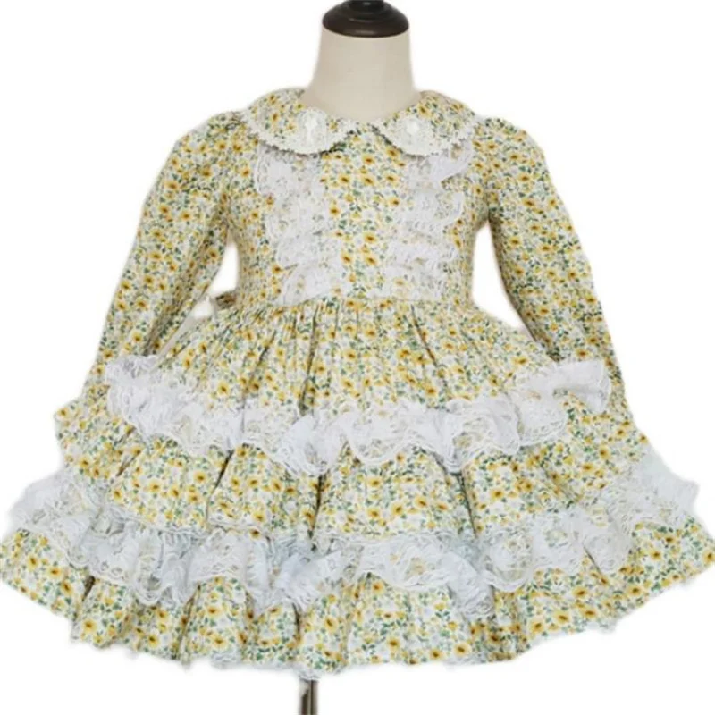 Spanish lace stitching children's Lolita vintage long-sleeved princess dress tutu tulle floral dress