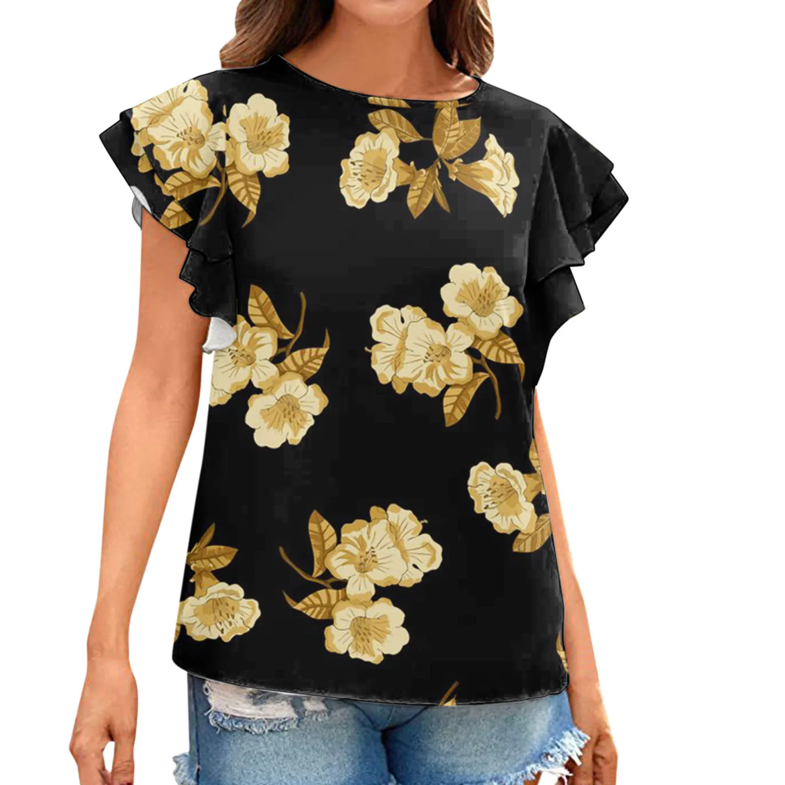 

Винтажная блузка с цветочным принтом, женская рубашка с рукавами с оборками, женская блузка с круглым вырезом, одежда для женщин, уличная одежда, повседневная одежда, блузы