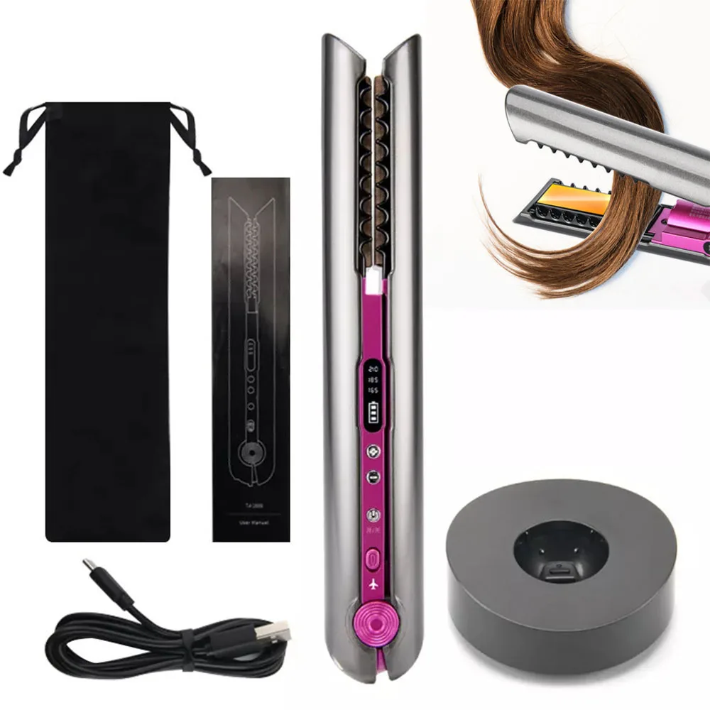 2 IN 1 Wireless Hair Straightener with Charging Base Portable Flat Iron Mini Roller USB 4800mah Portable Cordless Hair Curler