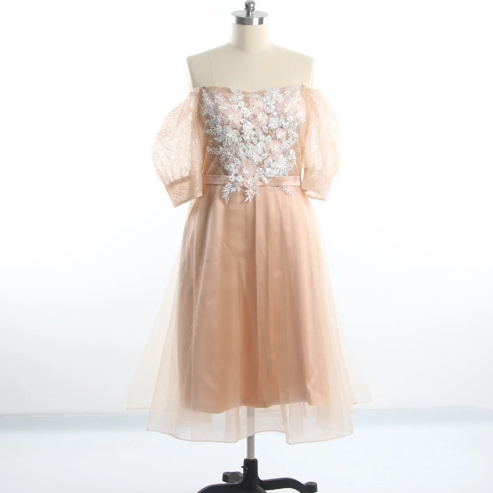 

Prom Gowns Square Coloar Short Puff Sleeves Khaki Appliques Plus size Lace up Tulle A-line Tea-length Women Party Dress A1216