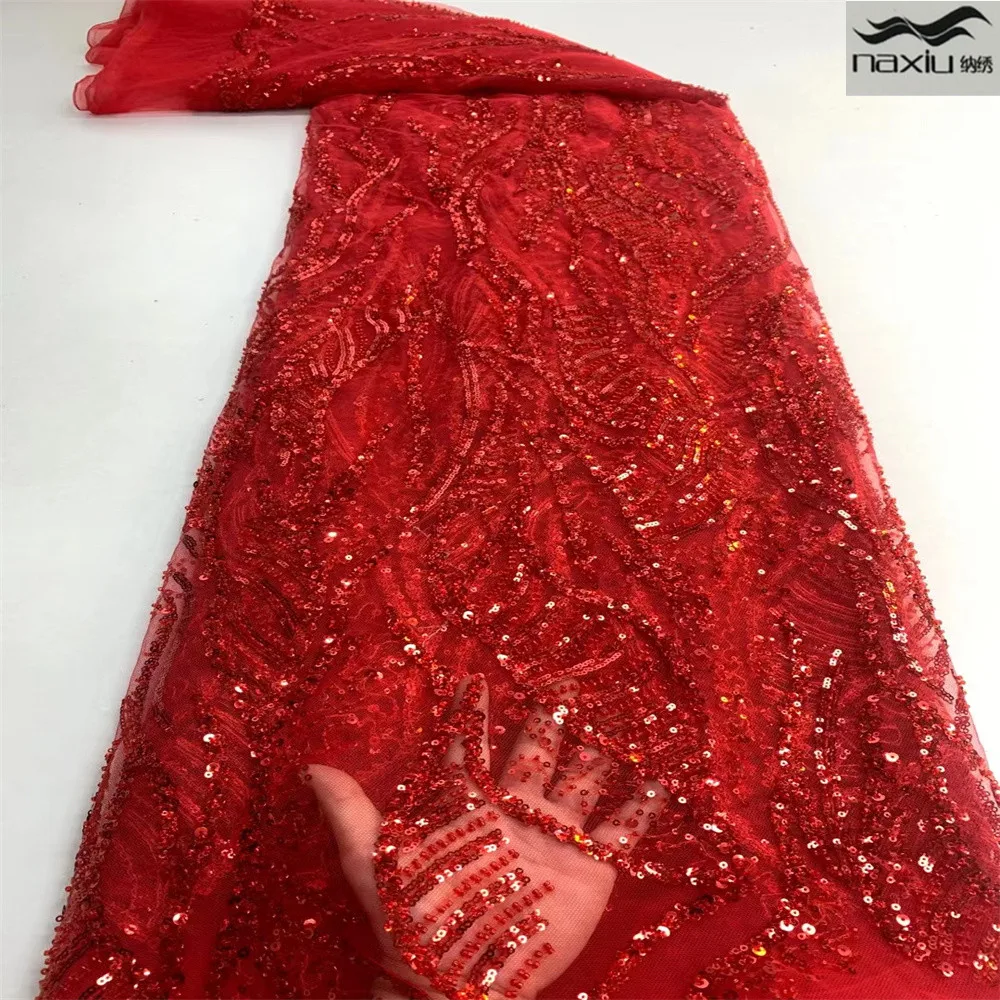 

Madison Red African Lace Fabric 2022 High Quality Nigeria Beaded Lace Fabric Embroidery Sequence Tulle Fabrics Wedding