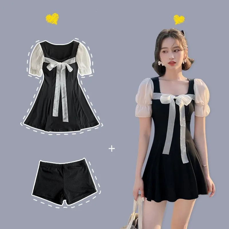 

Korean Sexy Swimsuit Summer Bathing Suit Women Cover Belly Slim One-piece Fairy Short Sleeve Hot Spring Swimwear