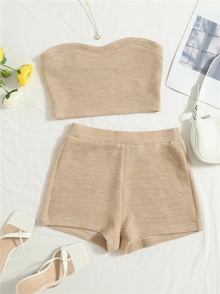 

2 Piece Sets Women Outfit Strapless Ribbed Knit Crop Tube Top and Biker Shorts Set Summer Solid Two Piece Matching Sets 2023