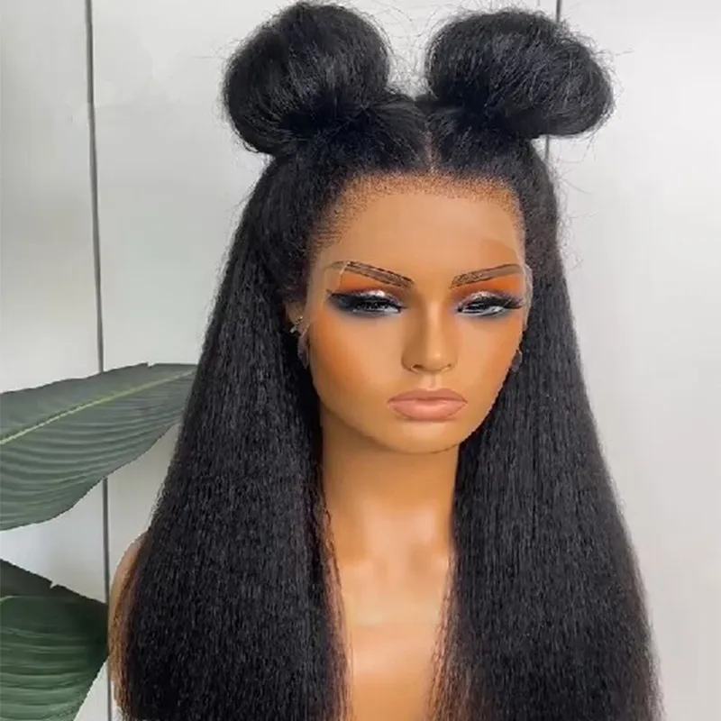 

Natural Black Soft Glueless Preplucked 28Inches Long 180% Density Yaki Kinky Straight Lace Front Wig For Women With Baby Hair
