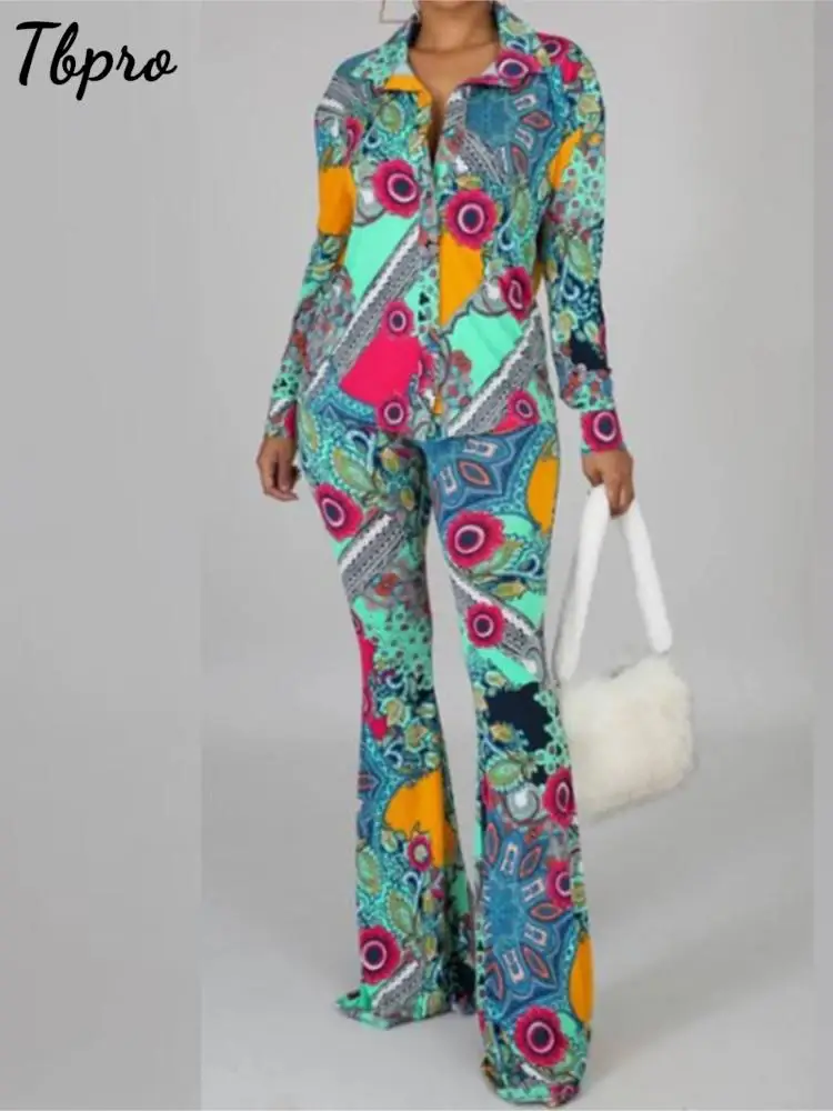 

Irregular Print Pants Single Breasted Shirt Set For Women Fashion Lapel Long Sleeve Blouse Slim Bottoms Suits Streetwear