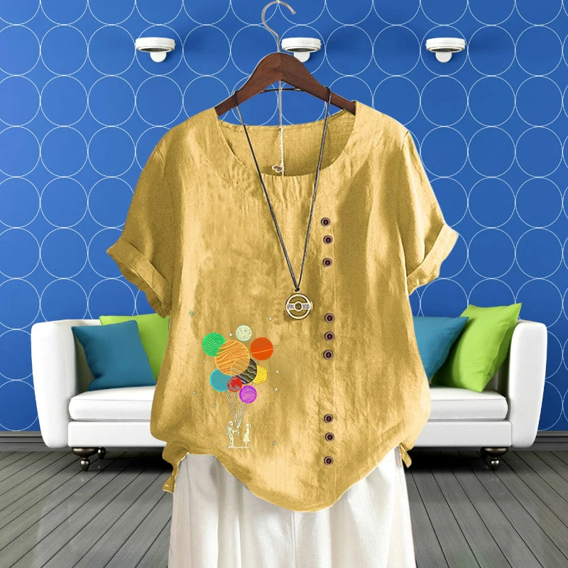 

Женская льняная футболка с круглым вырезом, коротким рукавом и графическим принтом