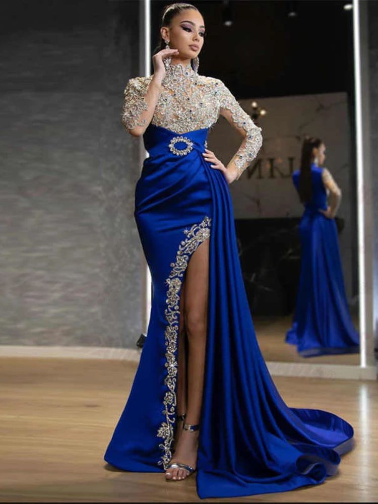 2022 Autumn New Elegant Party Dresses Women Blue Gold-Sprinkled Split Stitching Half-turtleneck Evening Dress Sequin Dress