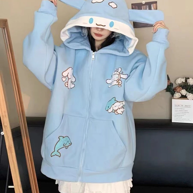 

New Sanrio Kawaii Cinnamoroll Cardigan Hooded Hoodie Girl Cute Autumn Winte Loose Comfortable Ins Warm Plush Anime Niche Top