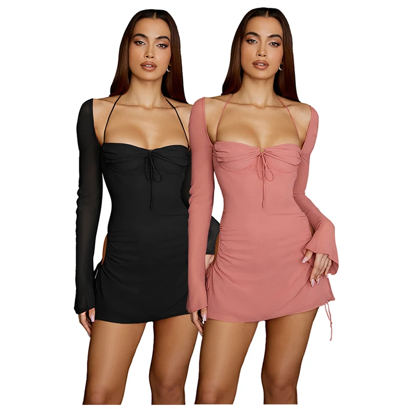 

Wholesale Items Women Flare Long Sleeve Pink Dress Fashion Square Collar Bandage Robes Sexy Cut Out Party Club Vestidos