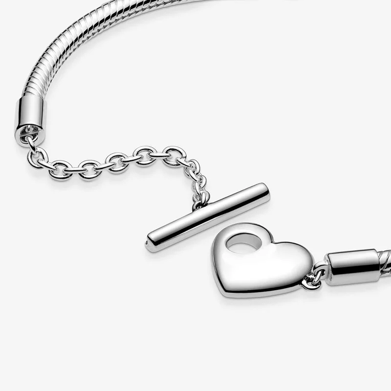 Charms 925 Sterling Solid Silver Bracelet Heart T-Bar Cuff Chain Sparkling Blue Disc Clasp Snake Women Jewelry |