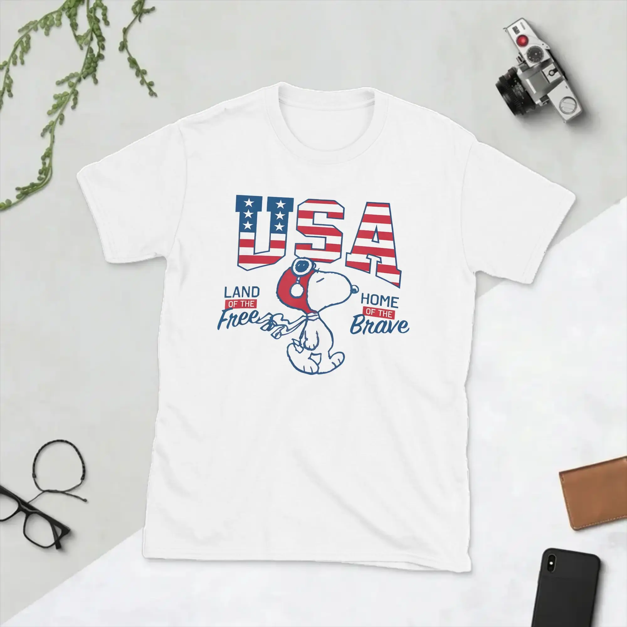Фото Футболка Snoopys Flying Ace с флагом США для мужчин, забавная футболка из чистого хлопка, футболки с круглым воротником, топы с короткими рукавами, подарок на день рождения №1