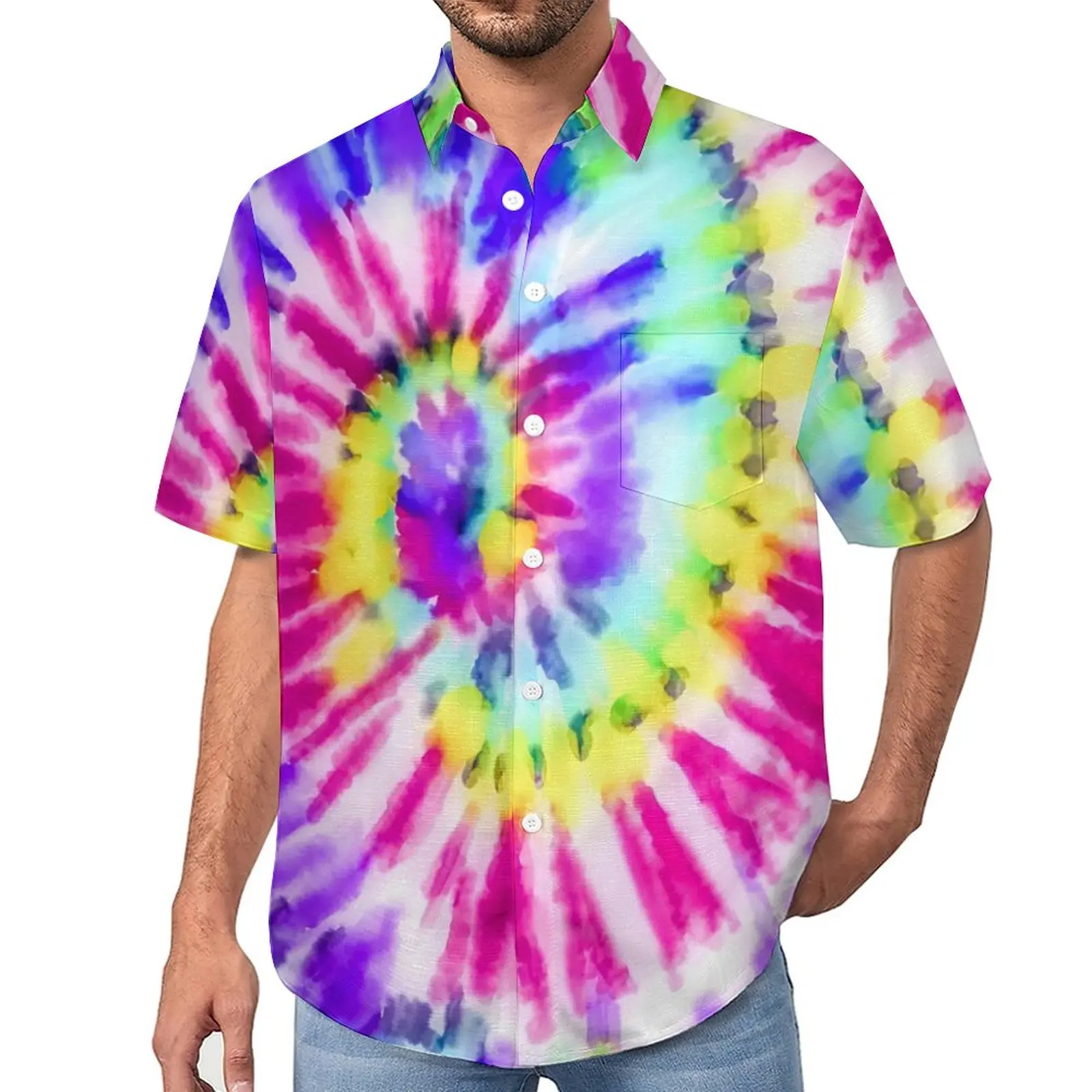 

Tie Dye Watercolor Loose Shirt Men Beach Artsy Neon Rainbow Casual Shirts Hawaiian Short Sleeves Street Style Oversized Blouses