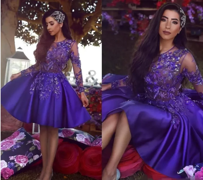 

Long Sleeves Purple Homecoming Dresses Short Luxury Beading Sequins Jewel Neck Illusion Mini Girls Graduation Party Dress