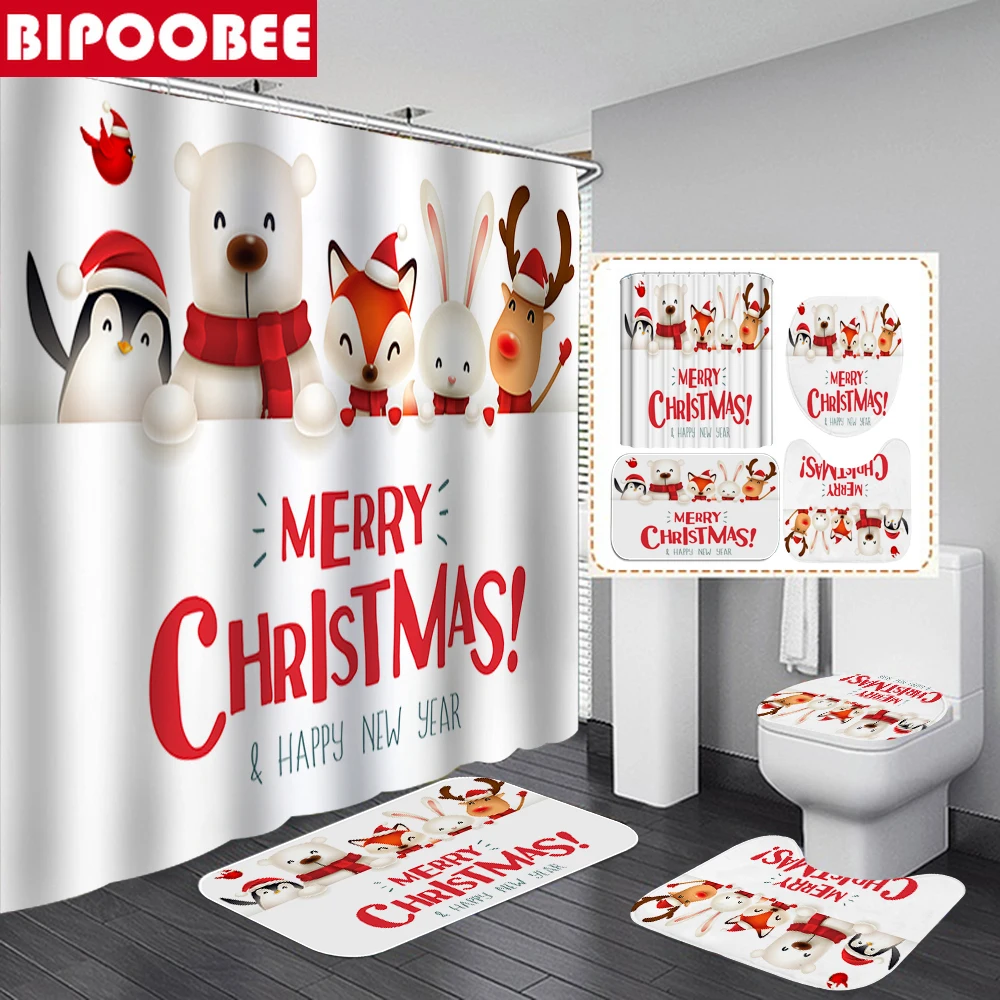 

Merry Christmas White Bathroom Shower Curtain Set Waterproof Fabric Bathtub Curtains Snowman Elk Bath Mats Toilet Lid Cover Rugs