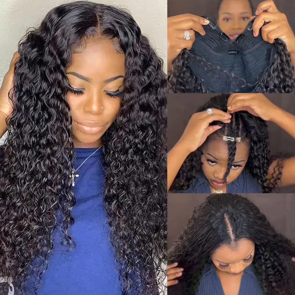 

Deep Wave V Part 180% Density Natural Brazilian Human Hair Long Wigs Brazilian Curly Wigs Non Lace For Black Women 10-32Inch
