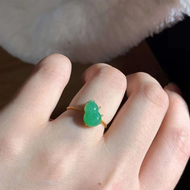 

Women 18K Gold Natural Jade Green Emerald Stone gourd wedding engagement Cable finger Ring with certificate New in jewelry