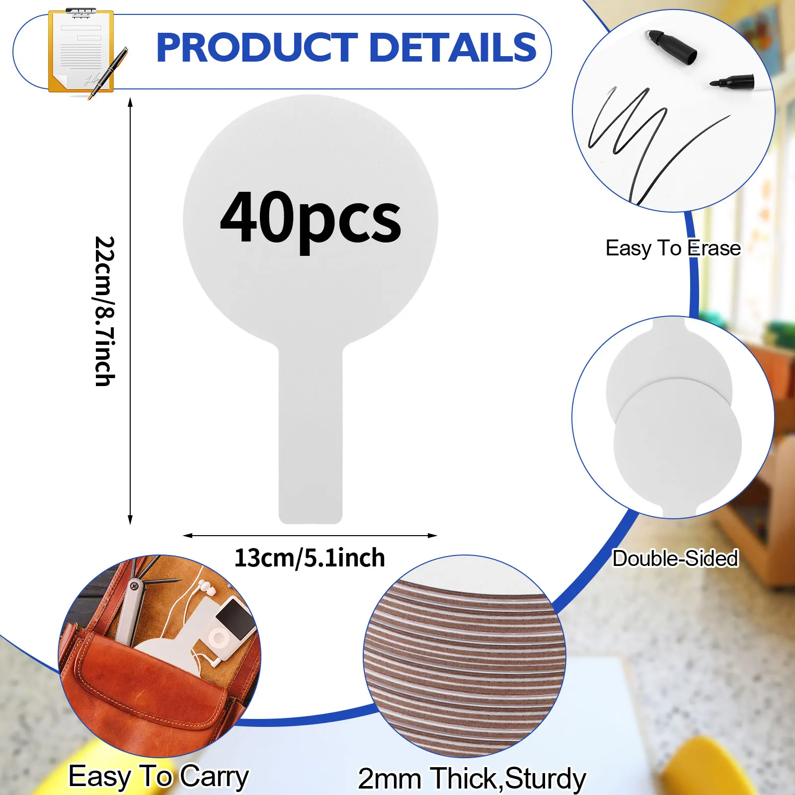 

40 Pcs Dry Erase Answer Paddles, Handheld Double Sided Paddles Mini White Boards Small White Board Dry Erase Signs Auction Paddl