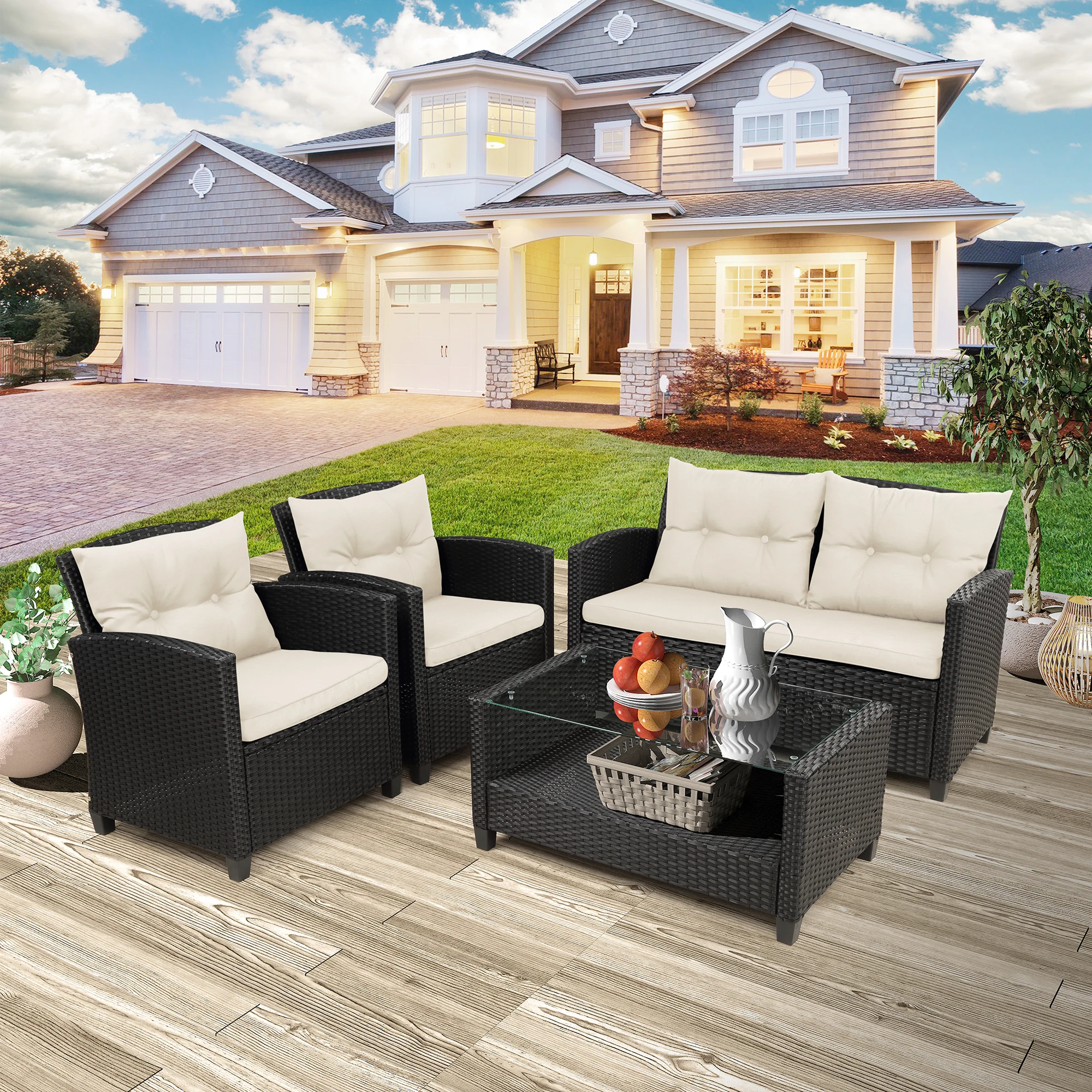 4Pcs Patio Furniture Rattan Conversation Set for Lawn&Garden