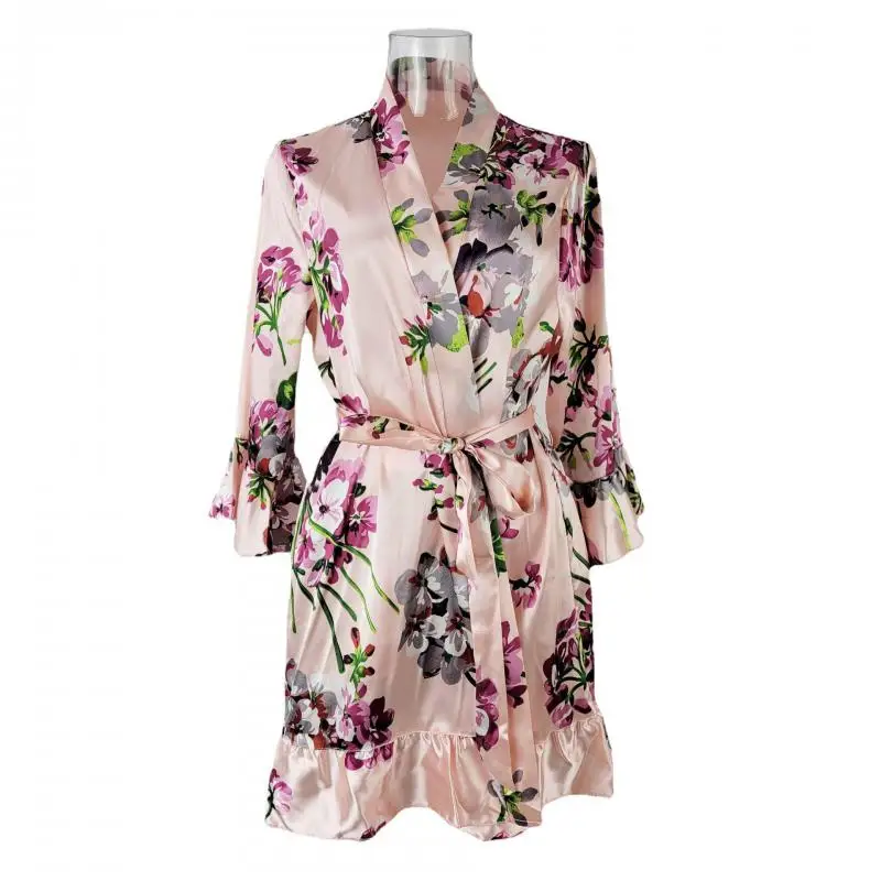 Satin Print Flower Robe Elegant Ruffles Sleepwear Summer V-neck Kimono Bathrobe Sexy Short Women's Dressing Gown Home Clothes