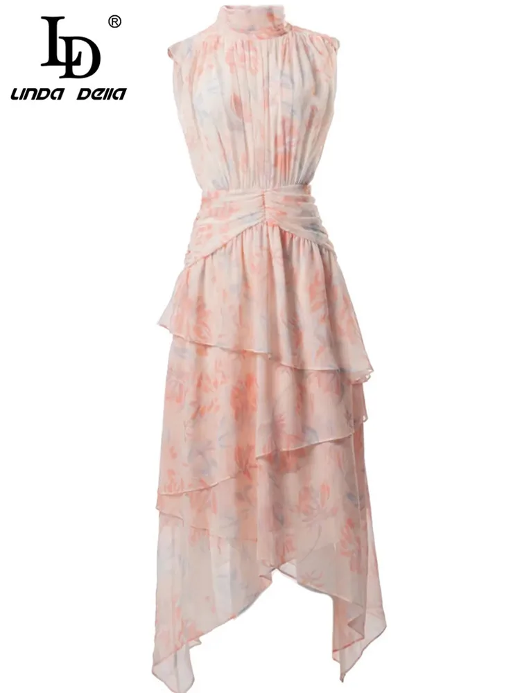 

LD LINDA DELLA Designer Runway Summer Dress Women Stand collar Ruffles Flower Print Asymmetrical Holiday Fashion Midi Dress