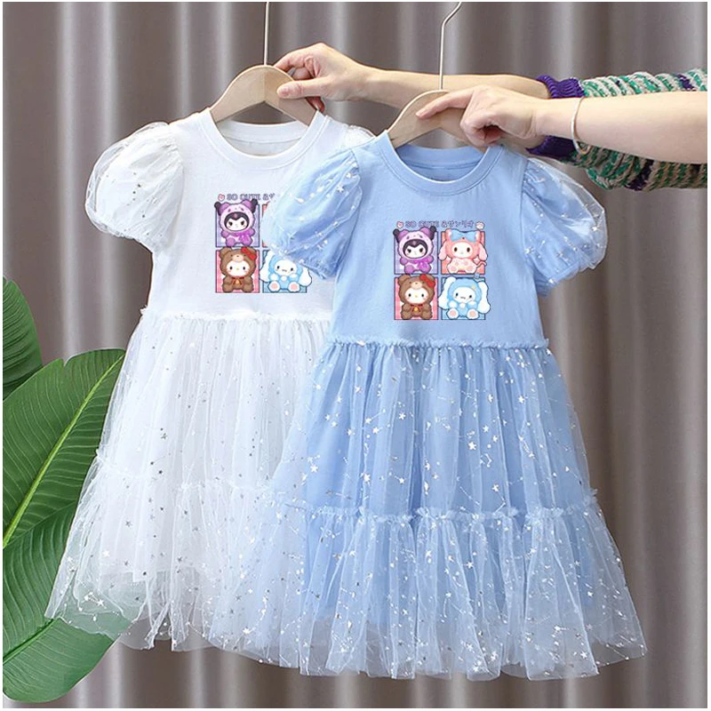 Sanrios Anime Cartoon My Melody Cinnamoroll Kuromi Girl Party Princess Dress Sweet Kids Clothing Gauze Skirt Children Dresses