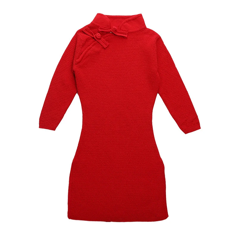 Kids Baby Girls Long sleeve Pure Color Children's Clothes Dress Chinese Style Cheongsam Princess |