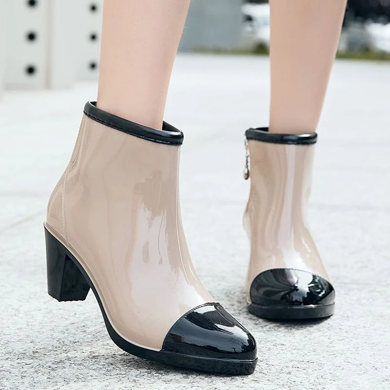 

Rain Boots Luxury Designer Women Chunky Heels Rubber Shoes Waterproof Pvc Garden Work Galoshes Ankle Boot Rainshoes Footwear2023
