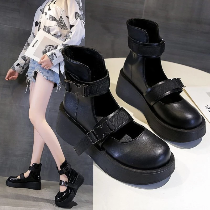 Platform Leather Shoes Women Mary Jane Shoes Wedges Boots Casual Oxfords Thick Bottom Ladies Lolita Shoes JK Uniform Moccasins images - 6