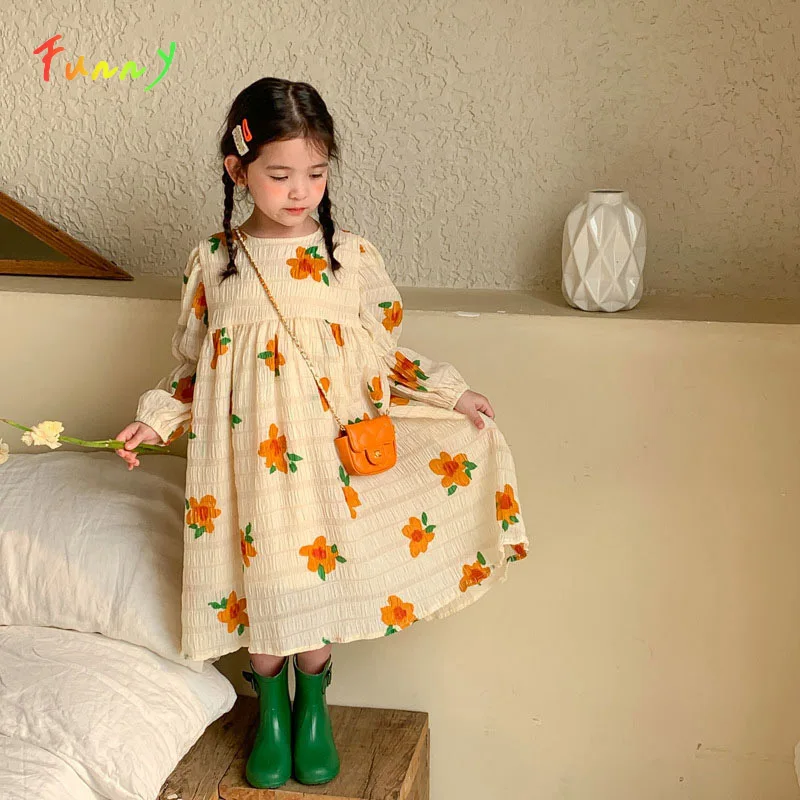 

Floral Printing Kids Casual Dress Spring Summer 2022 Long Sleeve Little Girls Clothes High Waist Pleated Party Princess Dress