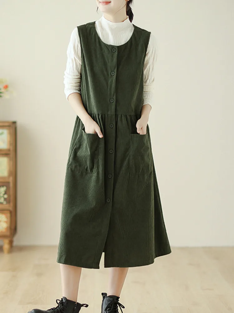 # 6917 осенне-зимнее платье-майка без рукавов женское однобортное платье с круглым