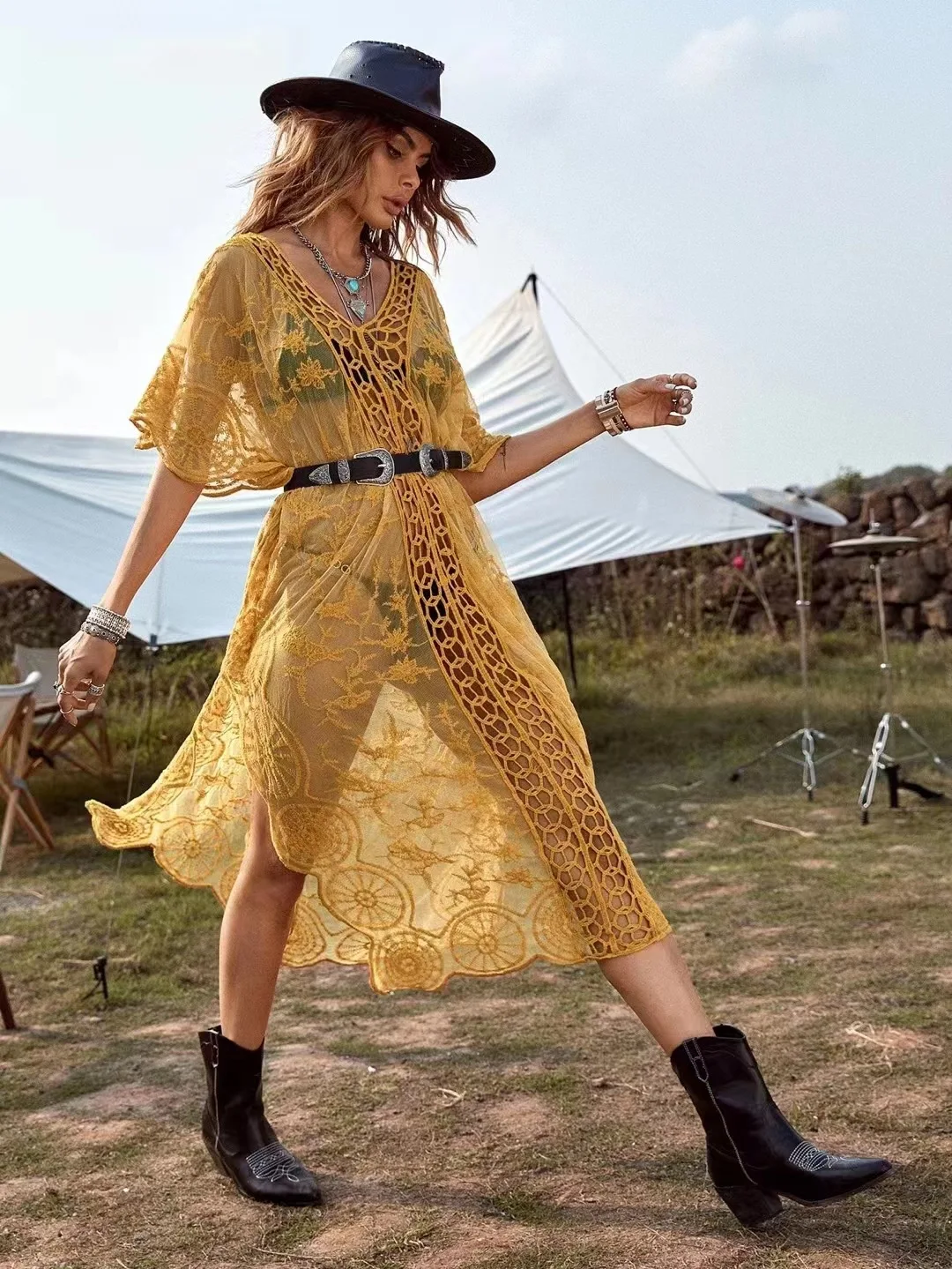 

Hollow Out Lace Dresses Summer Beach Lace Tunic Women Hollow Out Lace Dress
