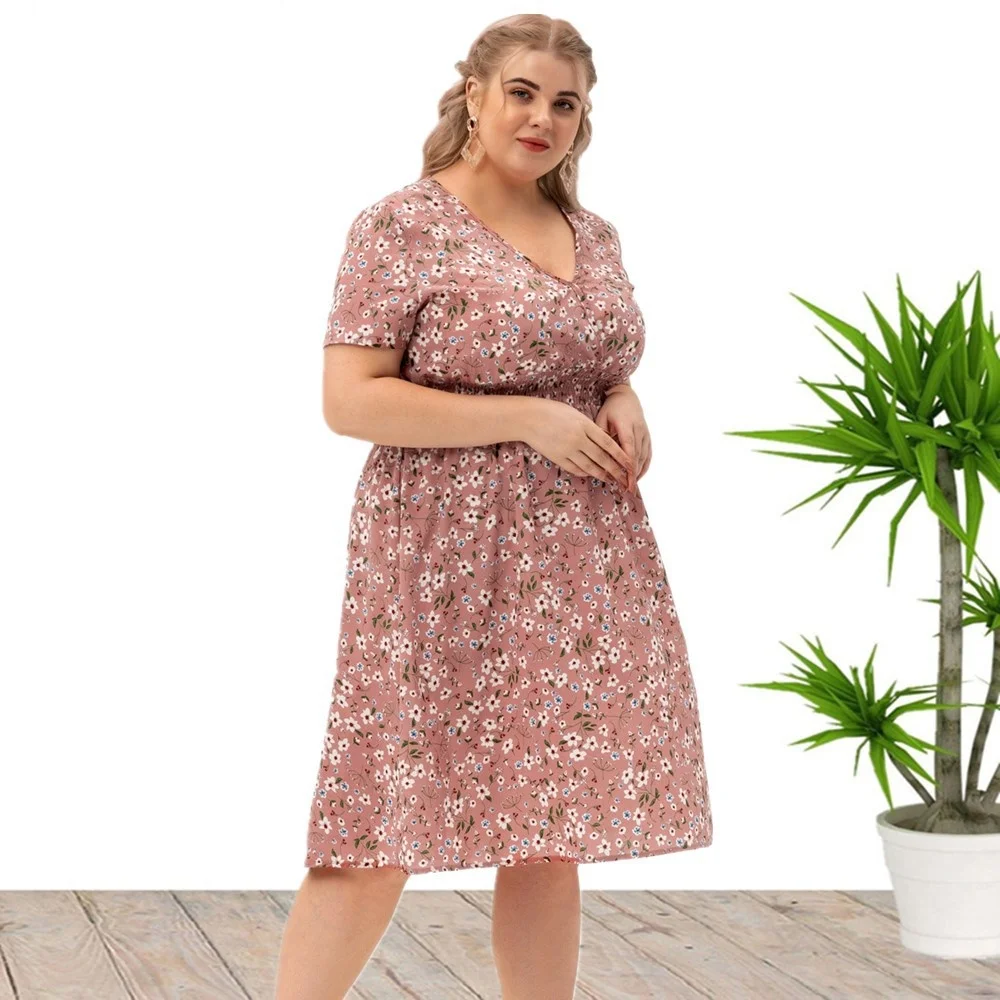 Plus Size 2023 Large Women's Summer New Short-sleeved Flower Printed Dress Xl,2xl,3xl,4xl,5xl 3xl 4xl 5xl 6xl