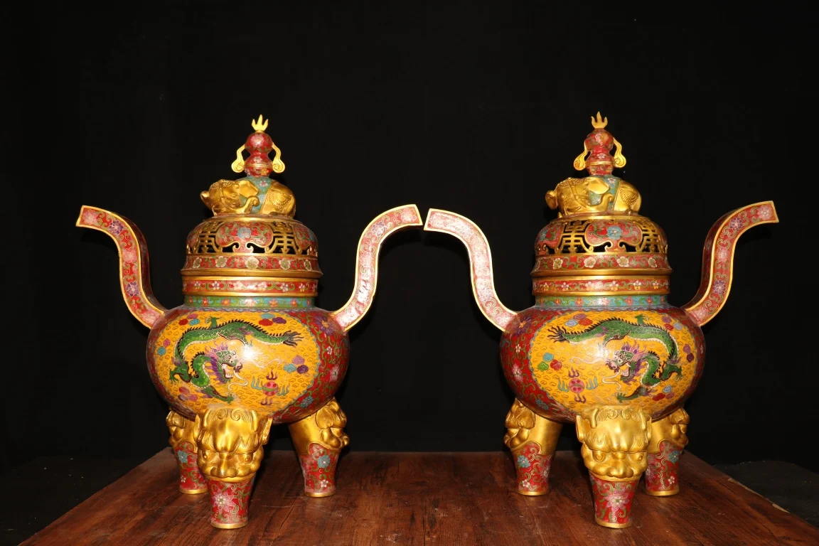 22Tibetan Temple Collection Old  Bronze Cloisonne Enamel ears Gourd Dragon Pattern Three-legged Incense Burner A pair Ornaments