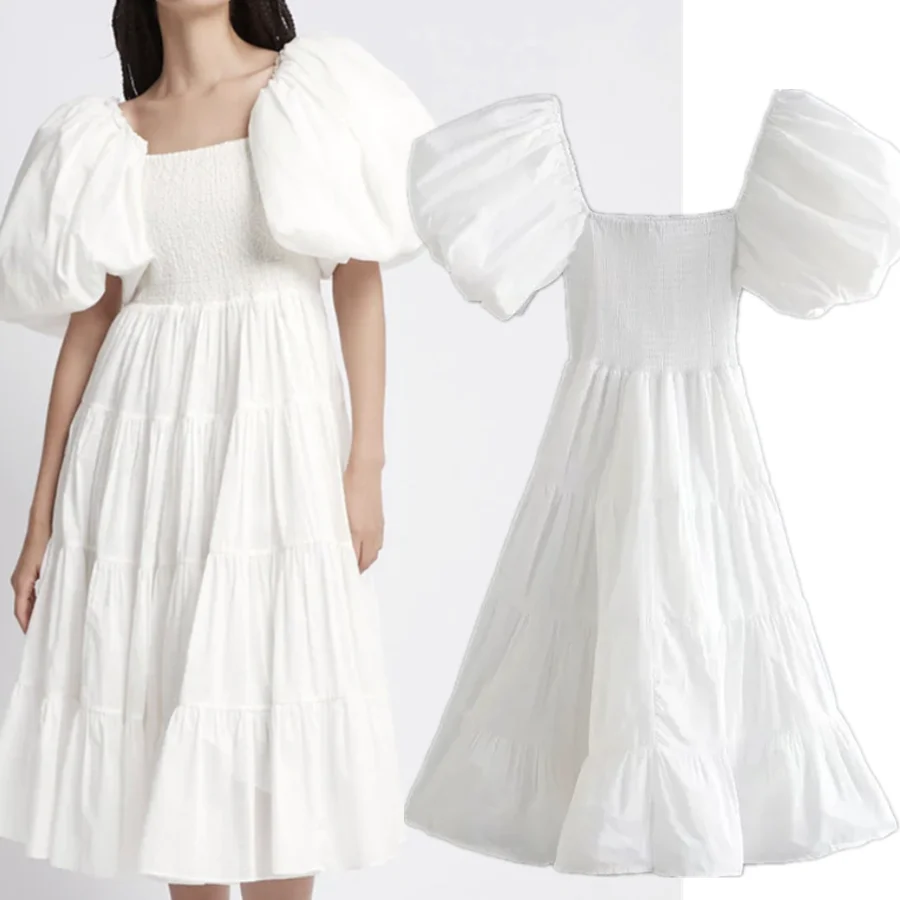 

Dave&Di Fashion Summer Dress Indie Folk France Style Elegant White Vintage Puff Sleeve Square Collar Maxi Casual Dress