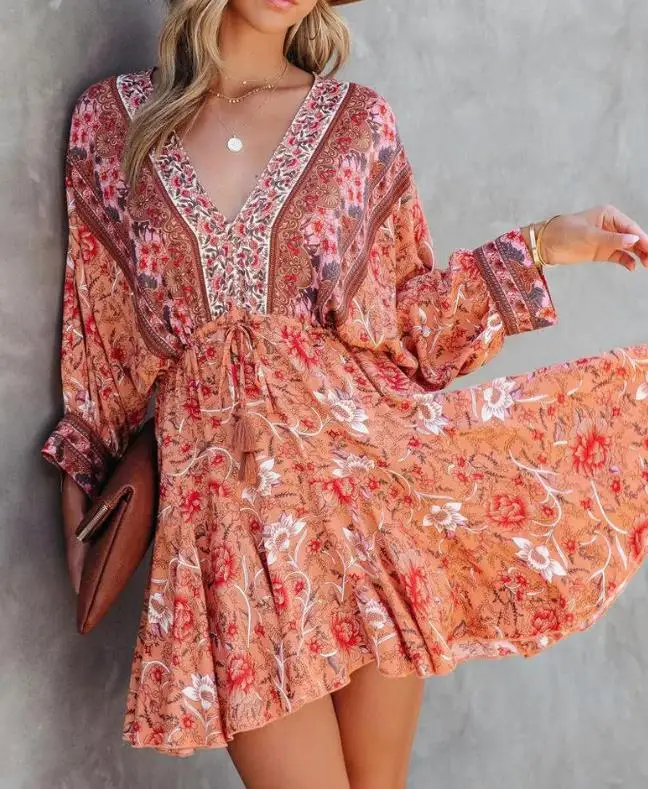 

Batwing Sleeve Open Back Floral Print Dress Women's Summer Casual A Line V-Neck Long Sleeve Tied Daily Vacation Mini Skirts