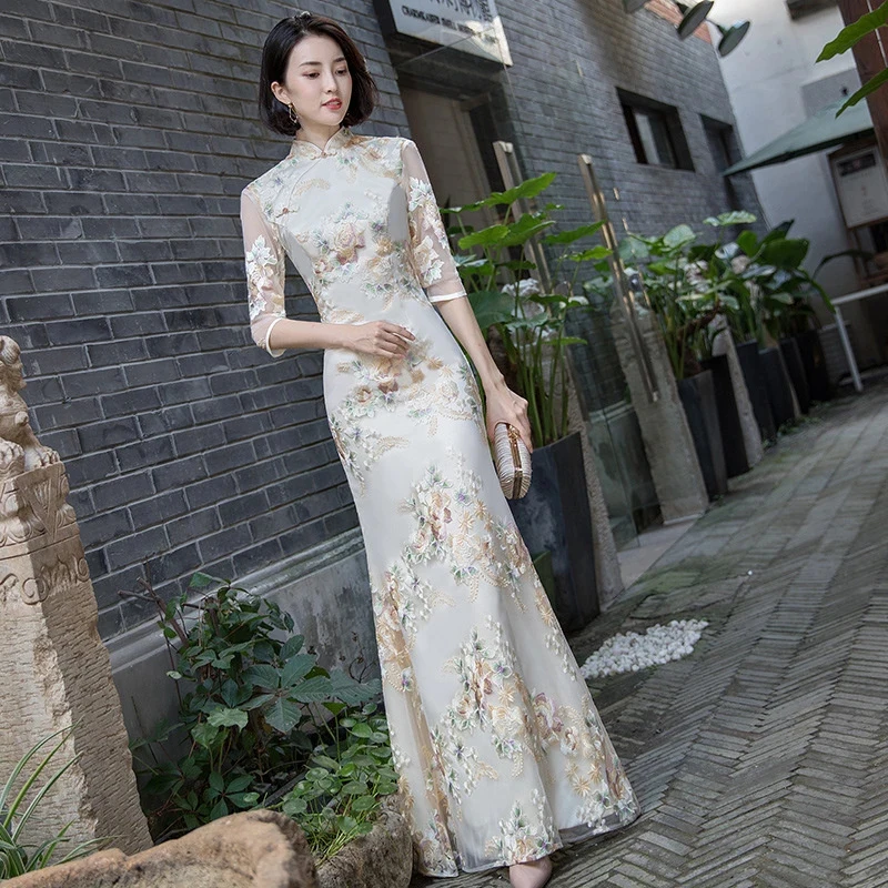 

Champagne Fish Tail Dress Women Gauze Patchwork Modern Improve Qipao Eleganti Chic Slim Long Chinese Traditional Retro Cheongsam