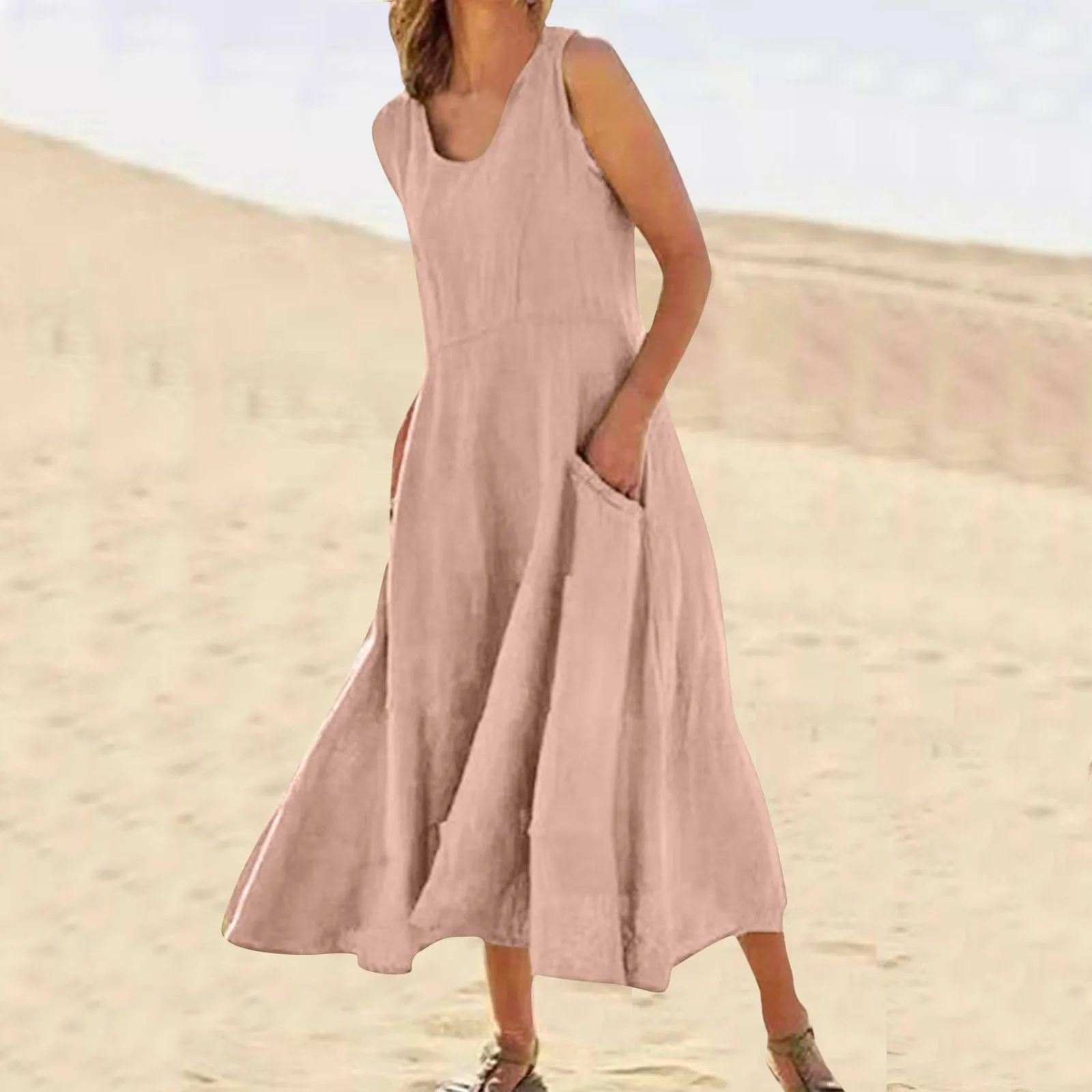 

Women Casual Solid Splice Sleeveless Loose Dress Beach Holiday Pocket Long Dress