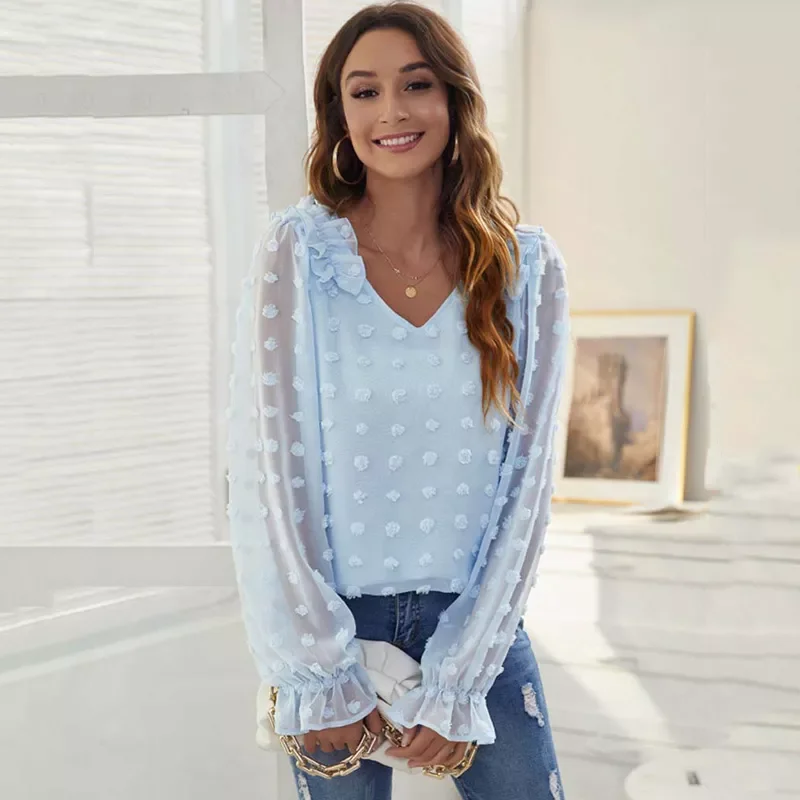 

2021 Autumn Chiffon Blouse Women V Neck Long Sleeve Blouses for Women Sexy Loose Blouse Shirts Female White Black