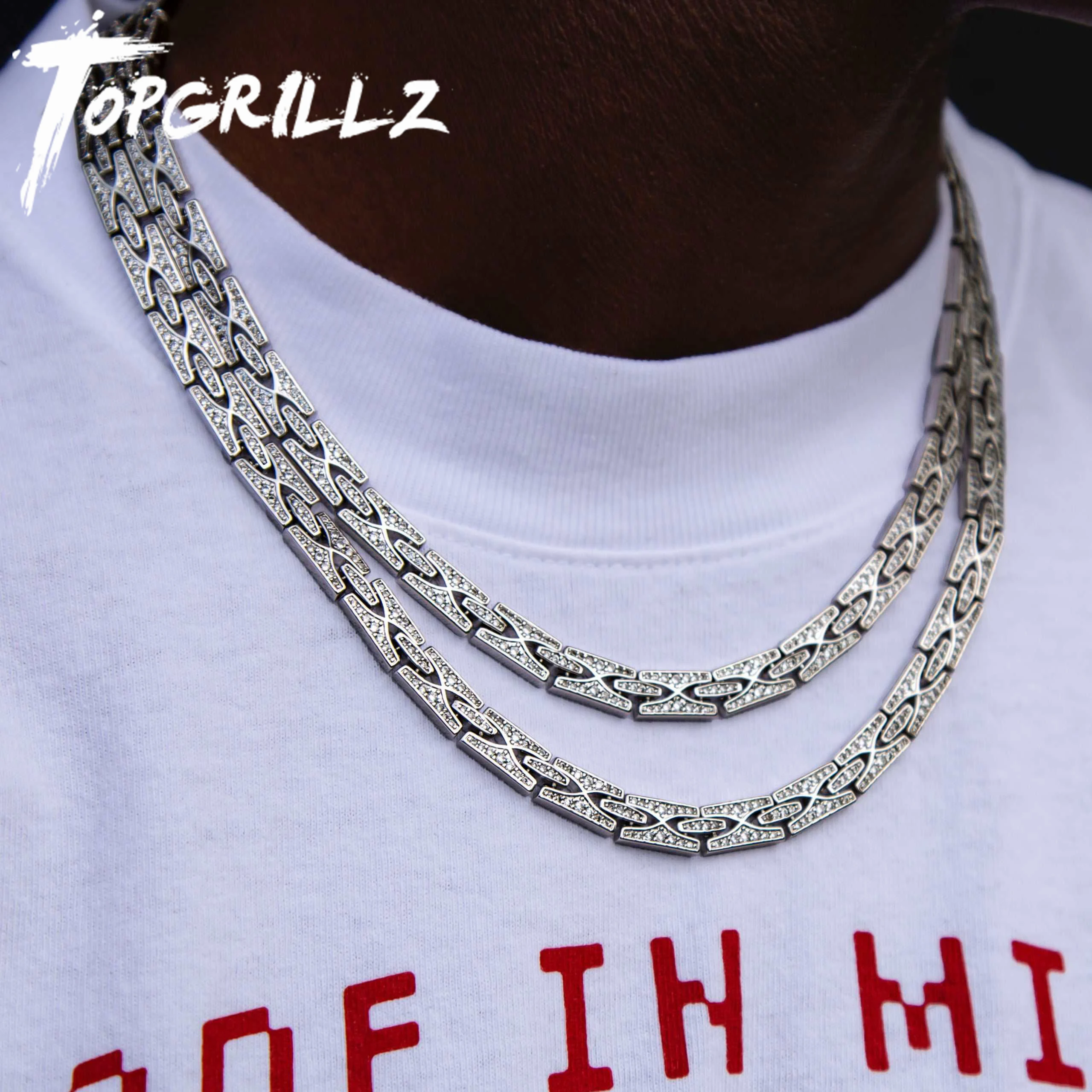 

TOPGRILLZ 10mm Razor Link Necklace/Bracelet Punk Heavy Chain Iced Out Micro Pave Cubic Zirconia Link Hip Hop Jewelry For Men