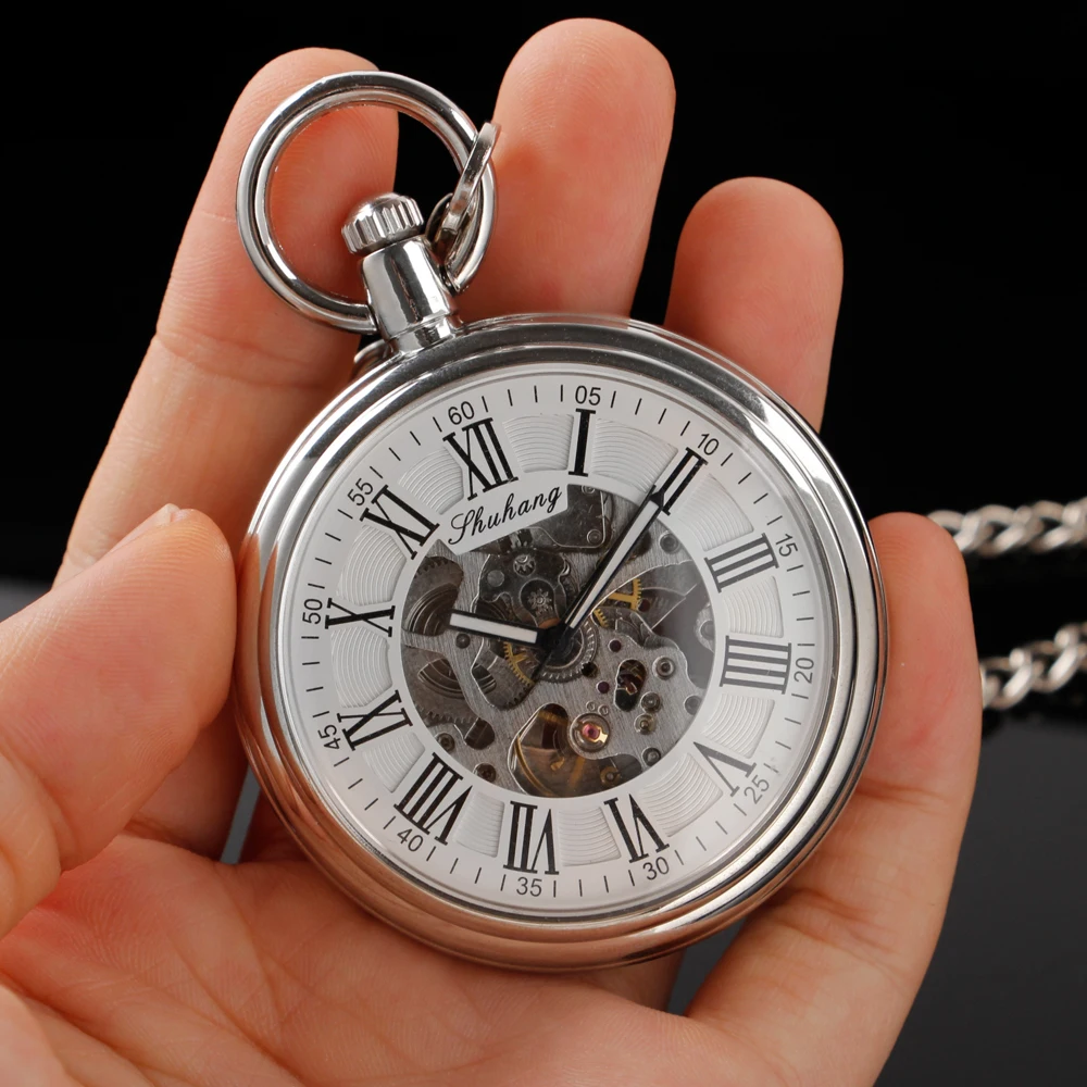 New Bright Silver Roman Digital Mechanical Pocket Watch Retro Hollow Case Analog Skeleton Men's Mechanical Pocket Watch