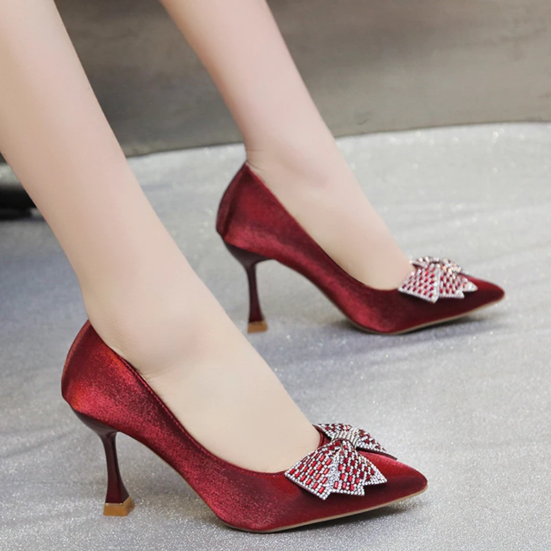 

Rimocy Luxury Silk Satin Bride Wedding Shoes for Women Pointed Toe Crystal Bowknot Pumps Woman Sexy Thin High Heels Party Shoes