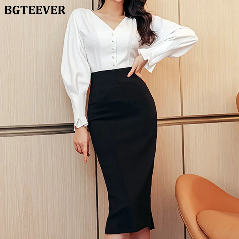 

BGTEEVER Elegant Ladies 2 Pieces Skirt Set V-neck Single-breasted Blouses Tops & High Waist Package Hip Skirts Women OL Set 2022