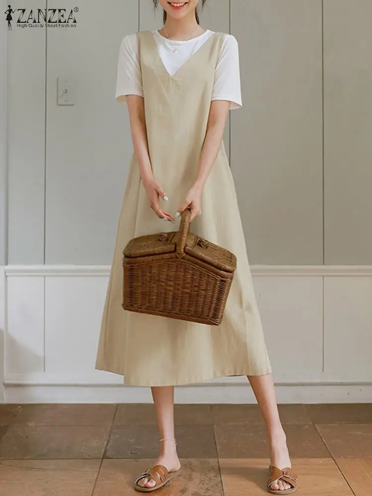 

ZANZEA 2022 модные платья без рукавов с V-образным вырезом однотонные трапециевидные женские Комбинезоны Платья вечерние повседневные свободны...