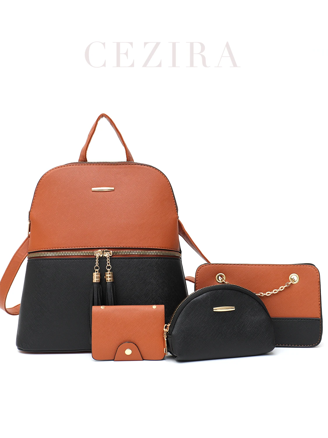 

CEZIRA Women Fashion Designer PU Vegan Leather Backpack Luxury Tassel Contrast Color Small Chain Purse Pouch Cardholder Bags Set