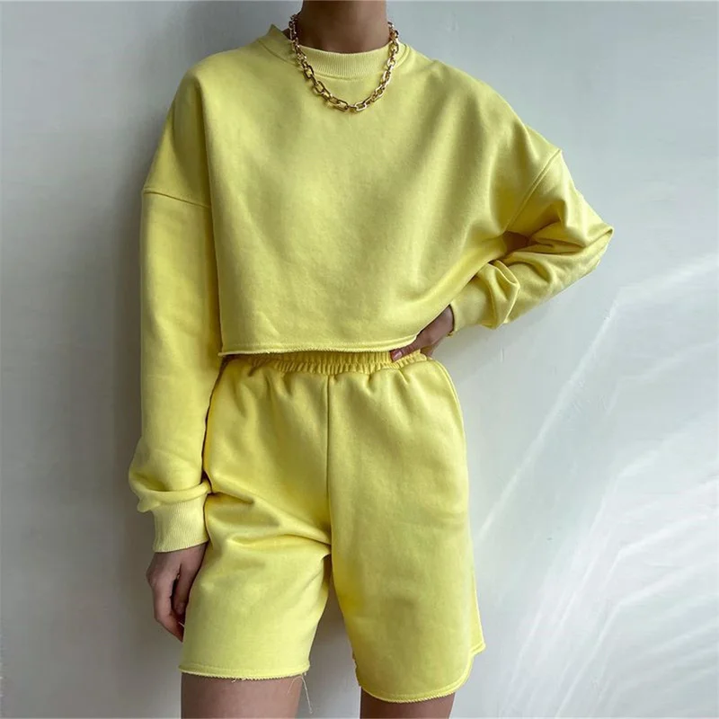 

2 Pieces Casual Suits Women's Suit Solid Long Sleeve Short Top Am Shorts Spring Female Sets Going Out Tops for Women 2022 New